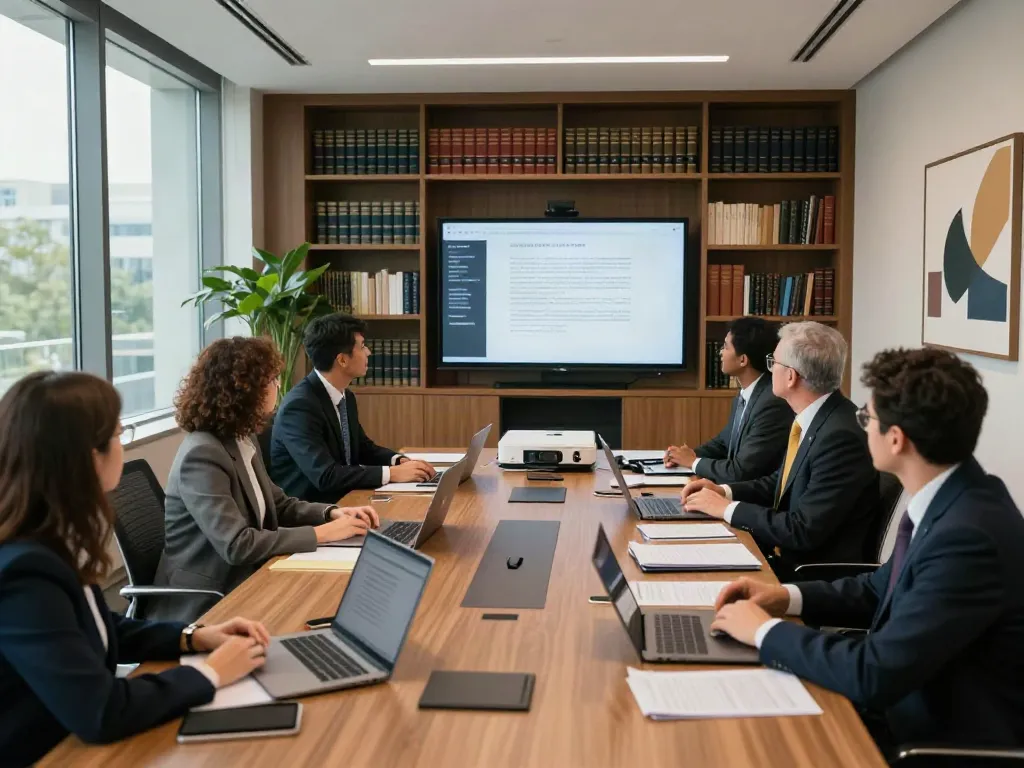 Lead Roedl lawyers collaborating in a modern office meeting discussing legal strategies.