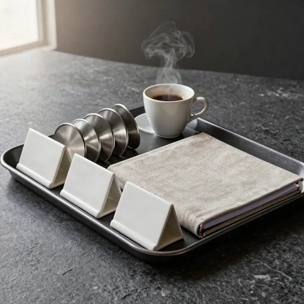 Board-meeting tray with ceramic name stands, metal discs, folder and steaming espresso on stone.