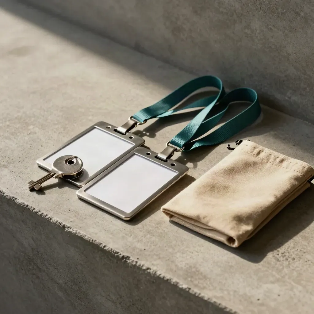 Matte steel badge reels, lanyards, and a canvas pouch on concrete in dramatic light.