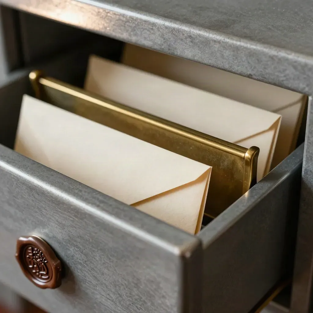 Macro of a steel index drawer with brass dividers and an envelope corner in soft light.