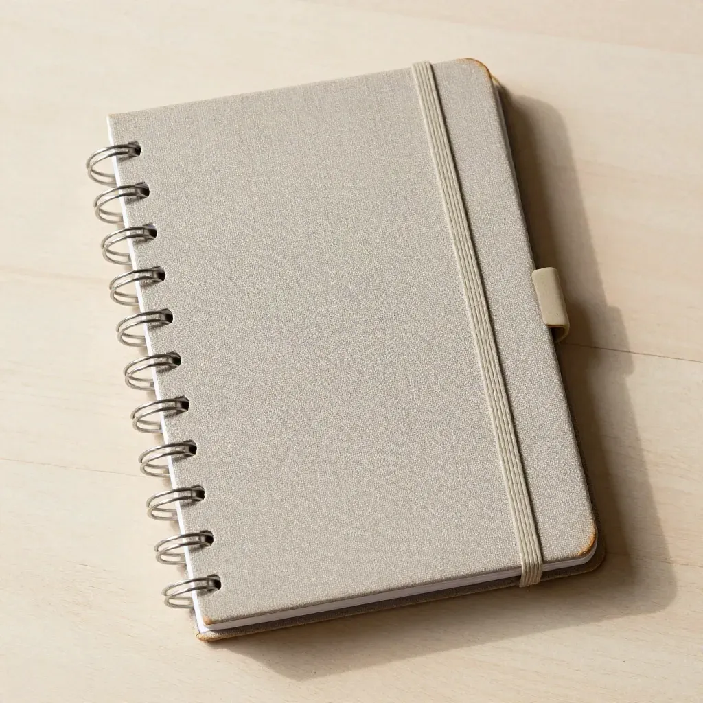 Overhead notebook, binding discs, and clipped page markers on pale wood