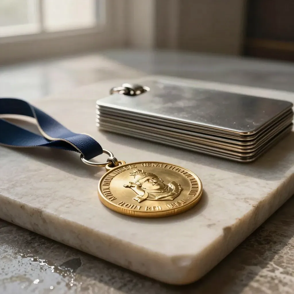 Brushed-brass association seal, lanyard clasps, badge ribbons and index trays on pale stone in morning haze.