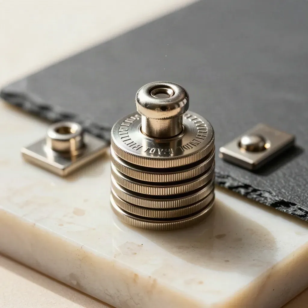 Macro of a knurled fastener threading stacked chapter seals on travertine.