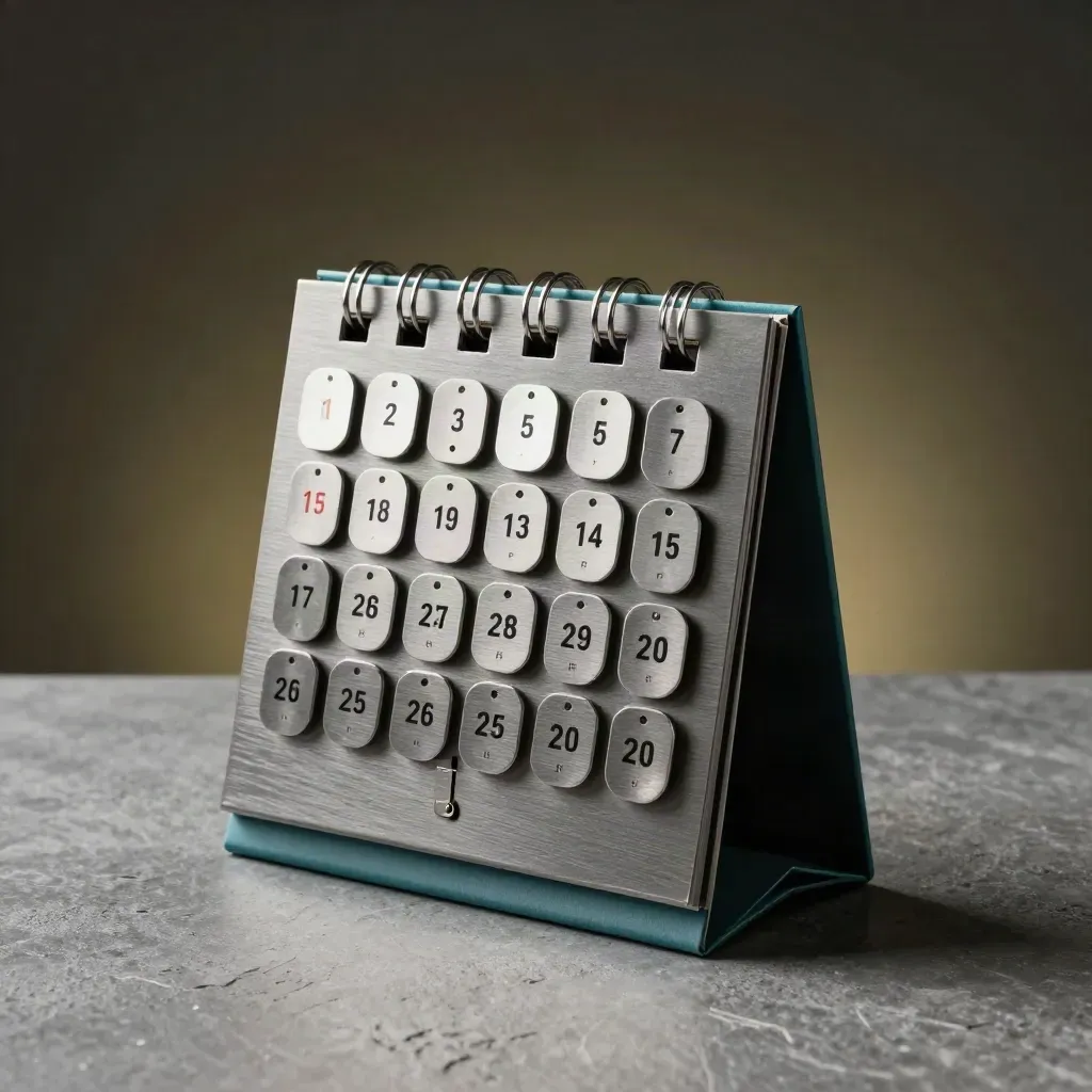 Graphite calendar block with metal date discs and a ticket clip on a pewter surface.