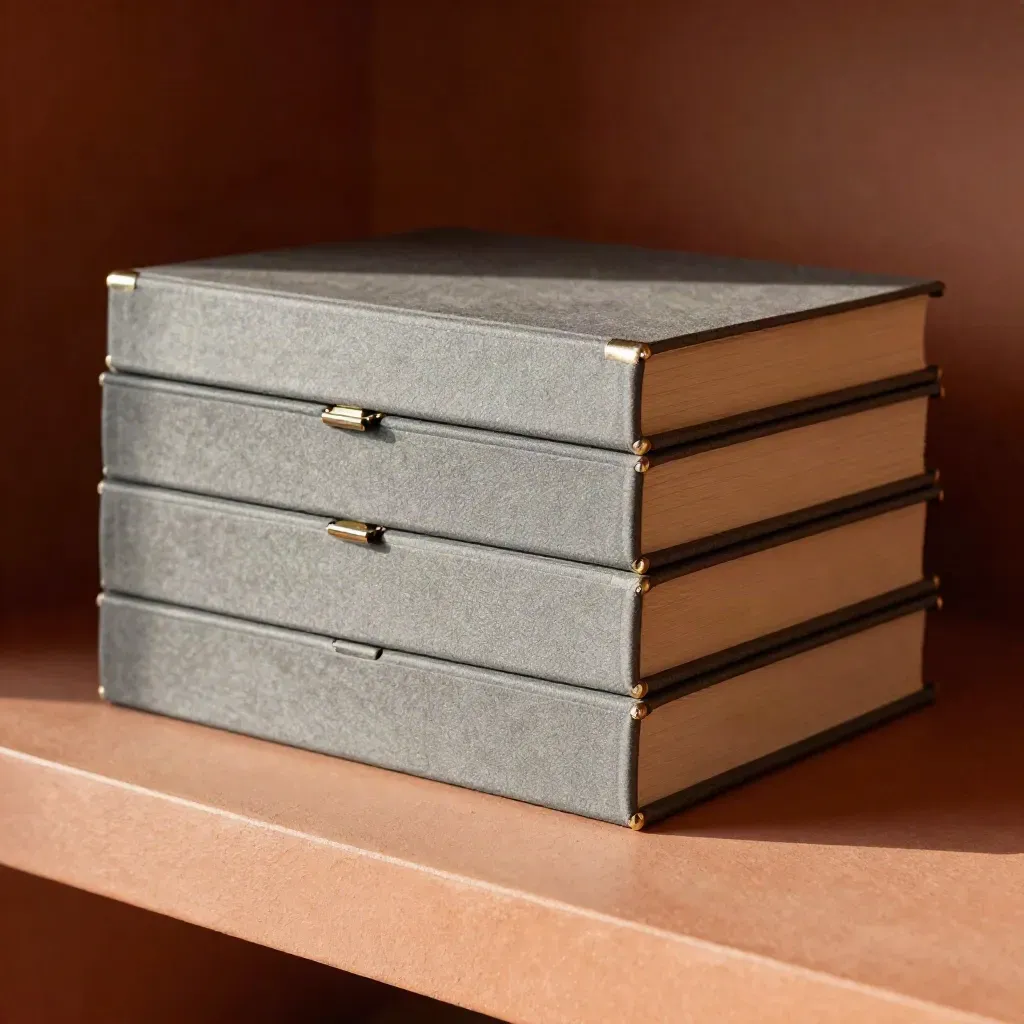 Three nested chapter file boxes with a hinge and latch, one box ajar on a terracotta shelf.