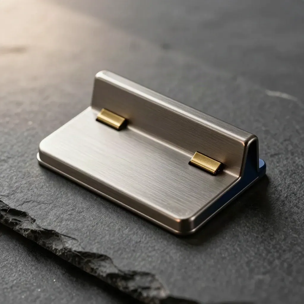 Brushed metal directory holder with brass tabs on graphite stone, top-down macro.