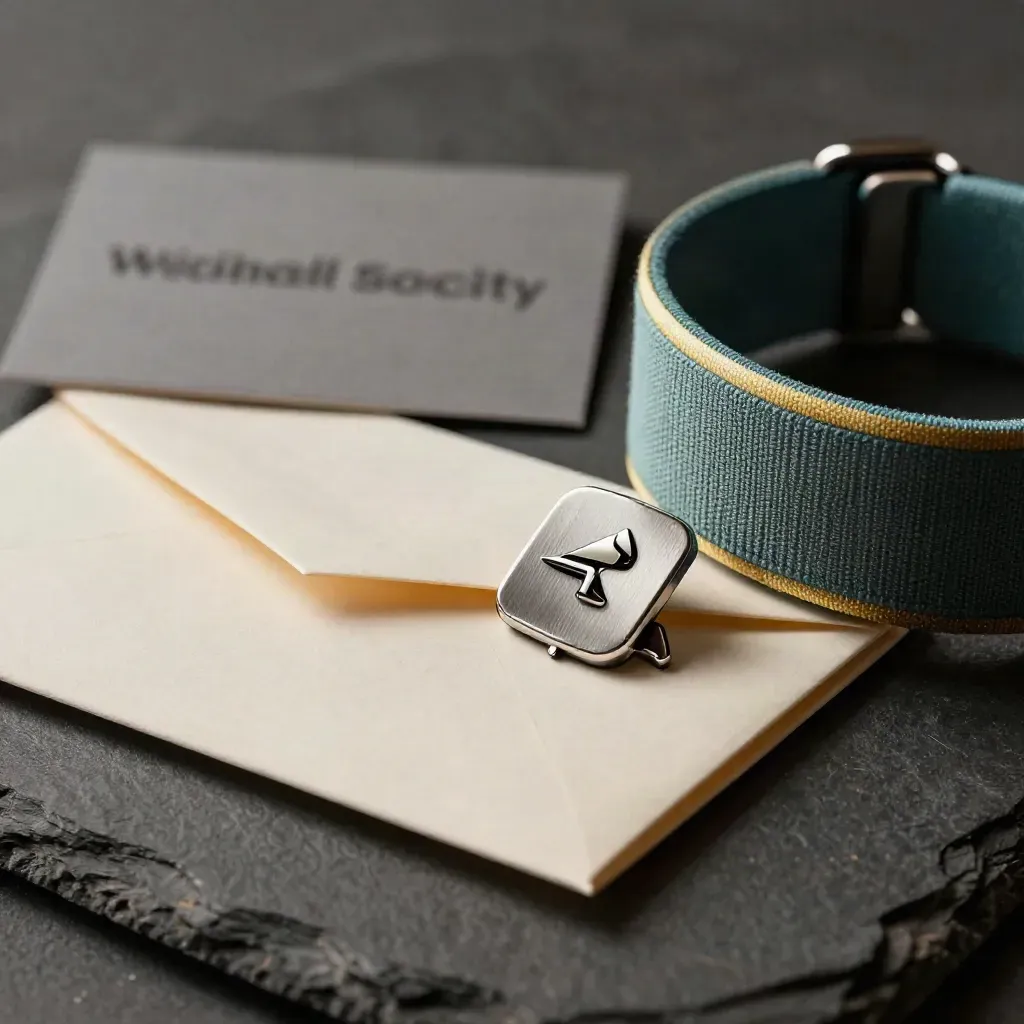 Brushed pins, envelopes, and a teal-edged wristband on slate in dramatic light.