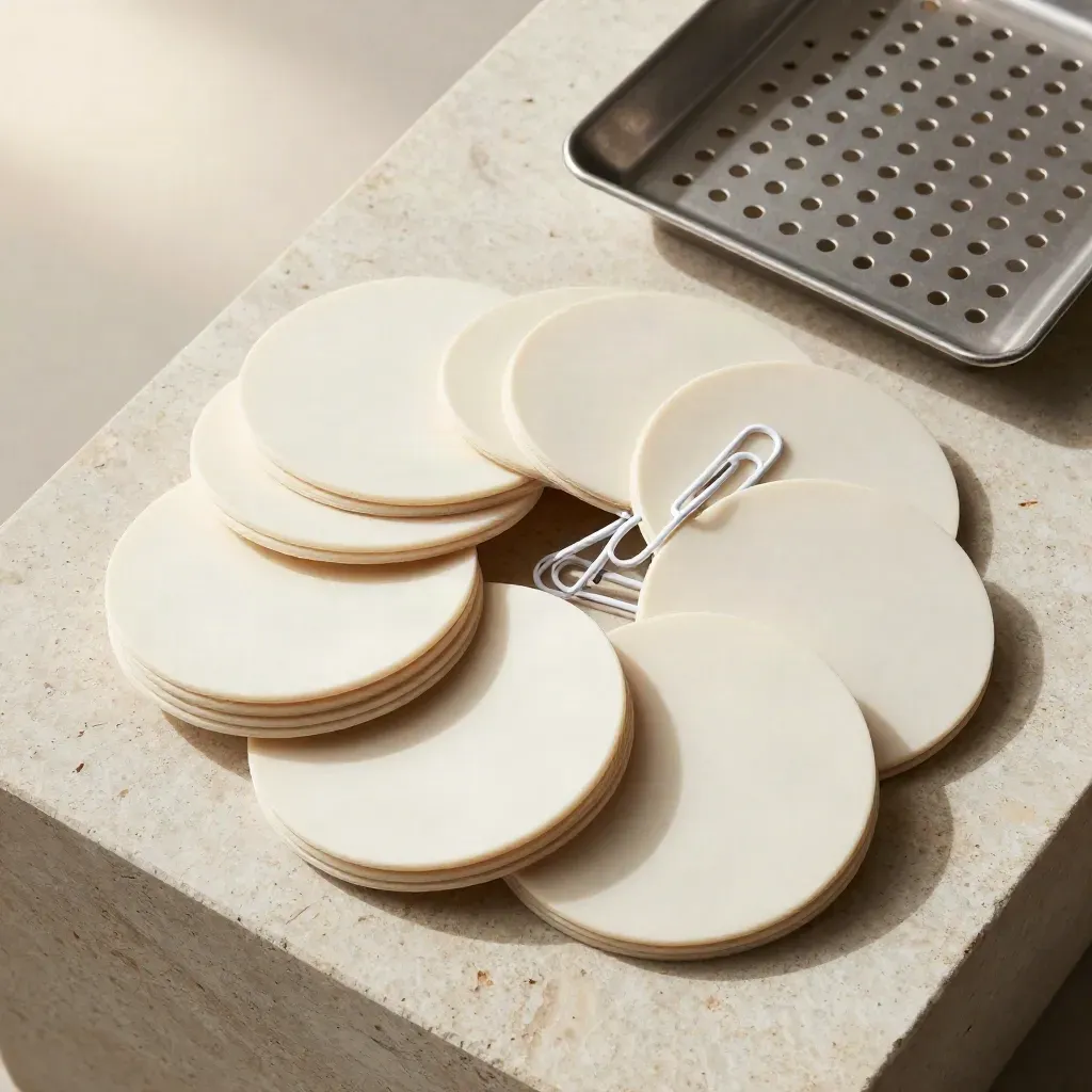 Round coasters, perforated tray, and linked paper clips on pale stone in soft daylight.