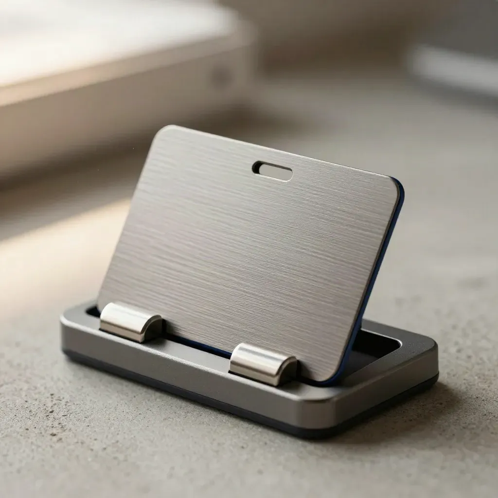Macro of a contact badge holder, brushed sleeve and two clips clicking together on graphite concrete.