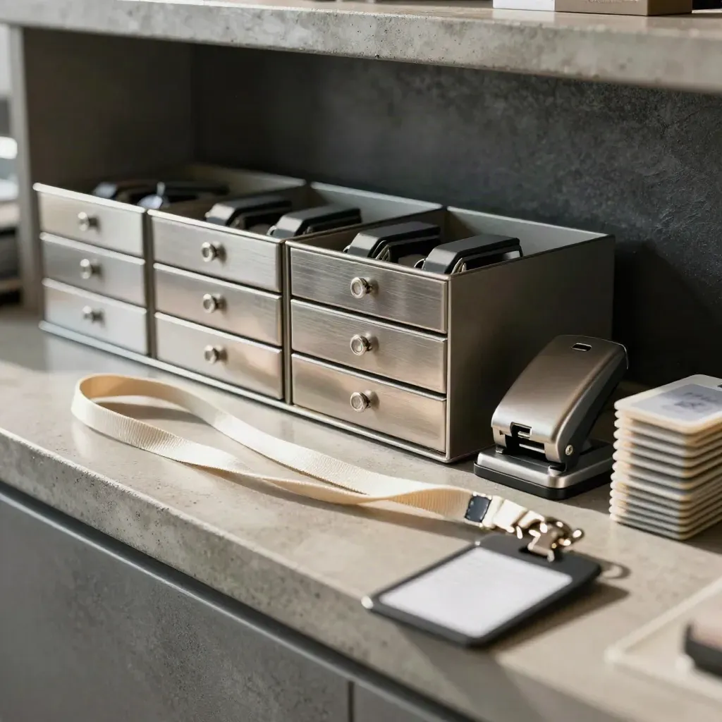 Slate lanyard cords blur over metal tab drawers, badge reels, and a label punch on concrete.