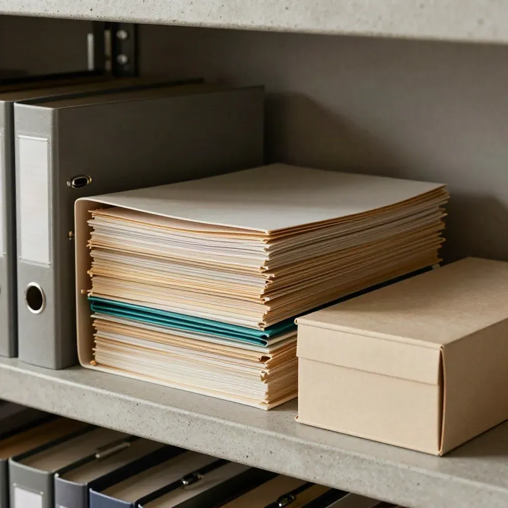 Archival binder, divider stack, and fiberboard document box on a concrete shelf, lit dramatically.