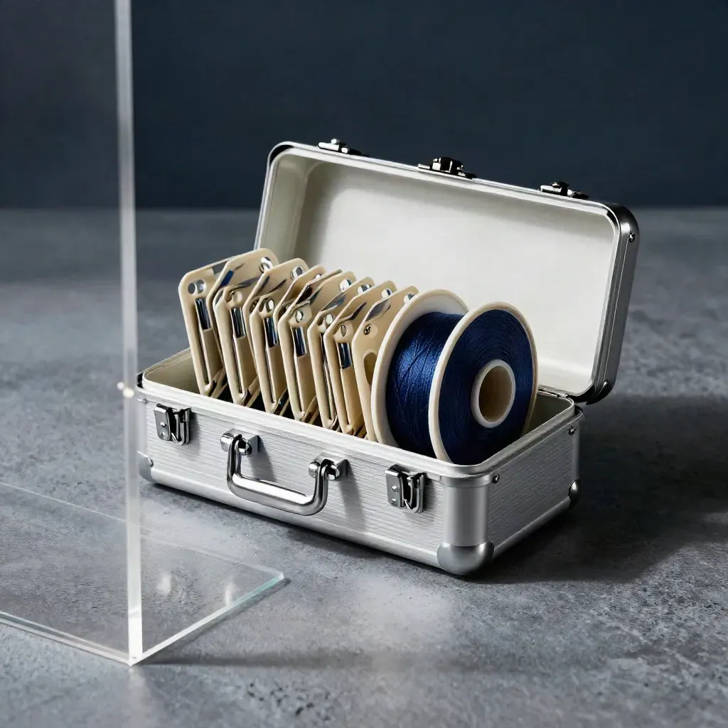Open aluminum case with clips and ribbon spools seen through blurred acrylic