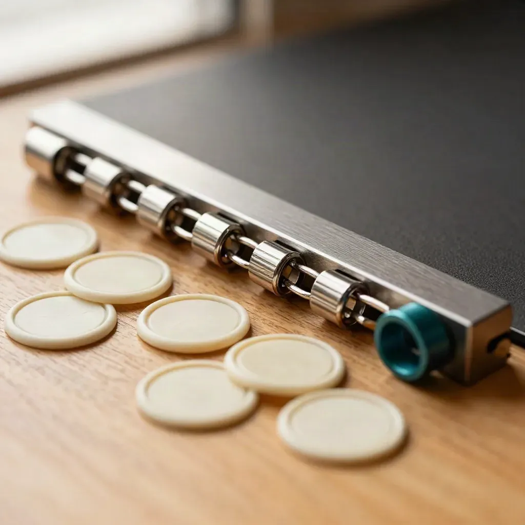 Macro sponsor outreach kit with linked metal rings, seal discs, and a brushed rail behind soft mesh.