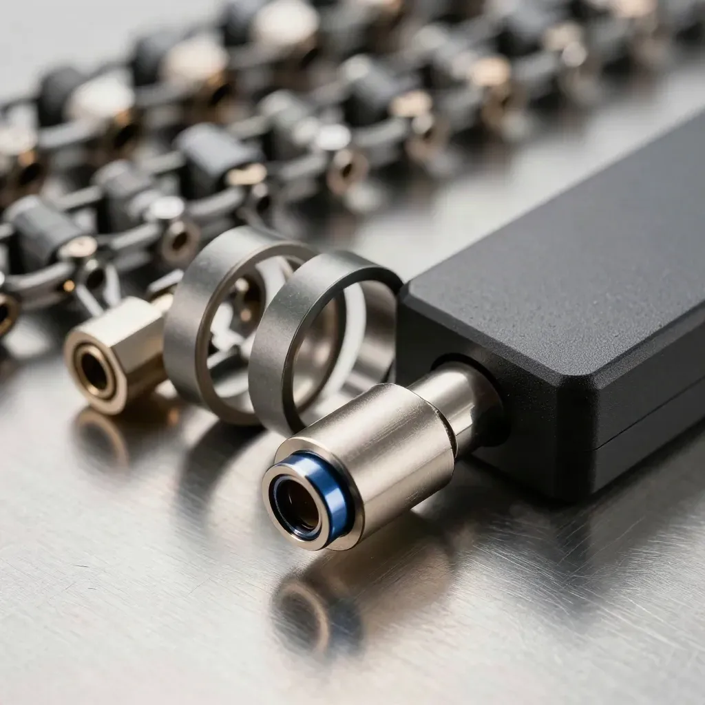 Machined metal rings, a docking block, and connector on brushed steel with navy accent