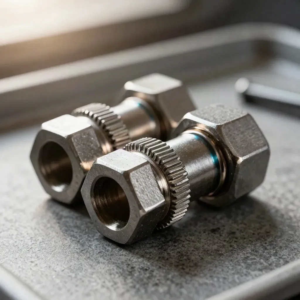 Macro of machined coupling cylinders and an alignment pin on graphite with a teal accent.