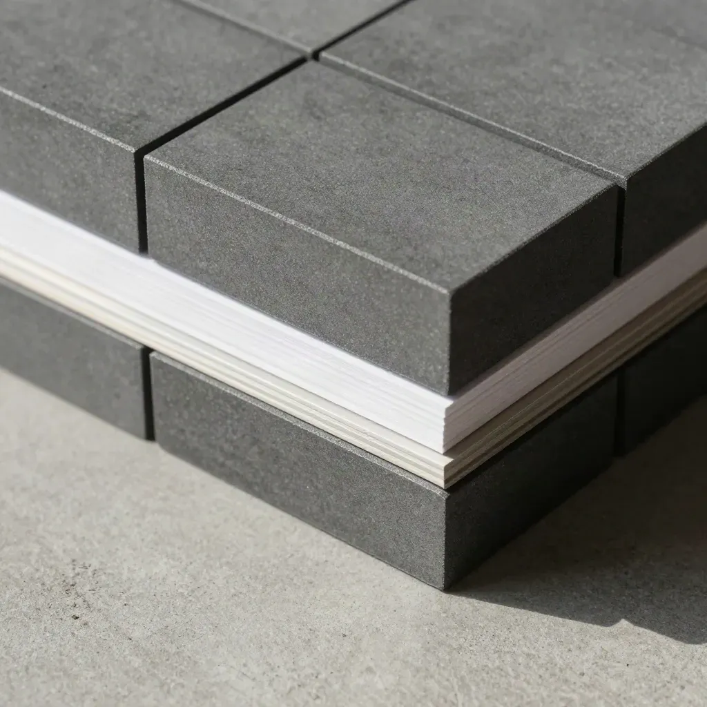 Graphite blocks, shim, and aluminum spacer arranged on concrete in an overhead grid.