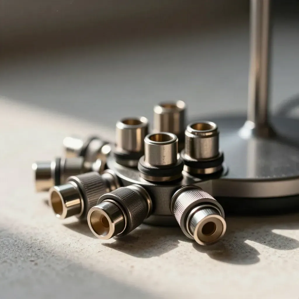 Macro still life of headset connectors and cable keepers on pale stone with soft daylight.