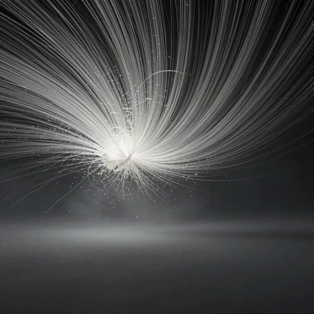 Silver filaments converge into a soft white bloom in dark graphite haze.